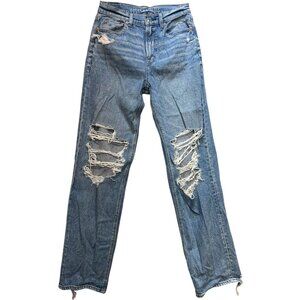 American Eagle Women's Distressed Strigid Mom Jeans Stretch Denim Size 4 Blue